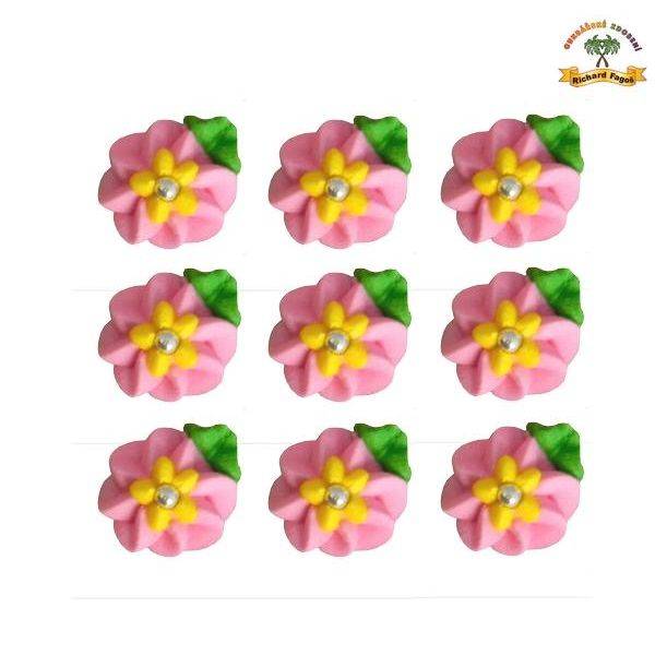 Cukrová dekorace květy růžové se žlutým středem na platíčku 9ks - Fagos